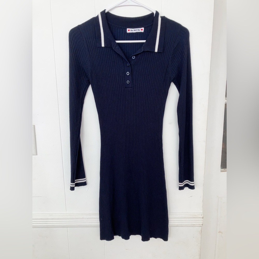 Long Sleeve Ribbed Polo Sweater Dress
